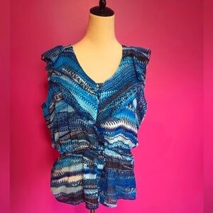 Miss Tina Ladies Exclusive Pixel Blue Stripe Button Down Blouse (Size XL)